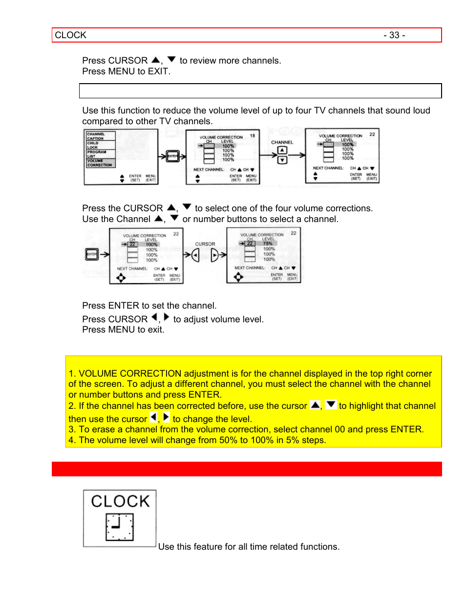 Volume correction, Clock | Hitachi 55EX15K User Manual | Page 33 / 44