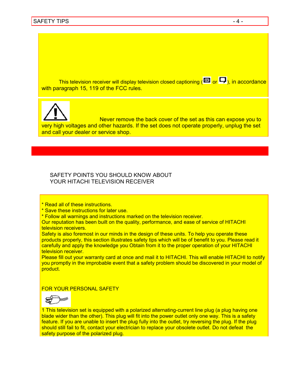 Safety tips, Important safeguards | Hitachi 55EX15K User Manual | Page 4 / 44