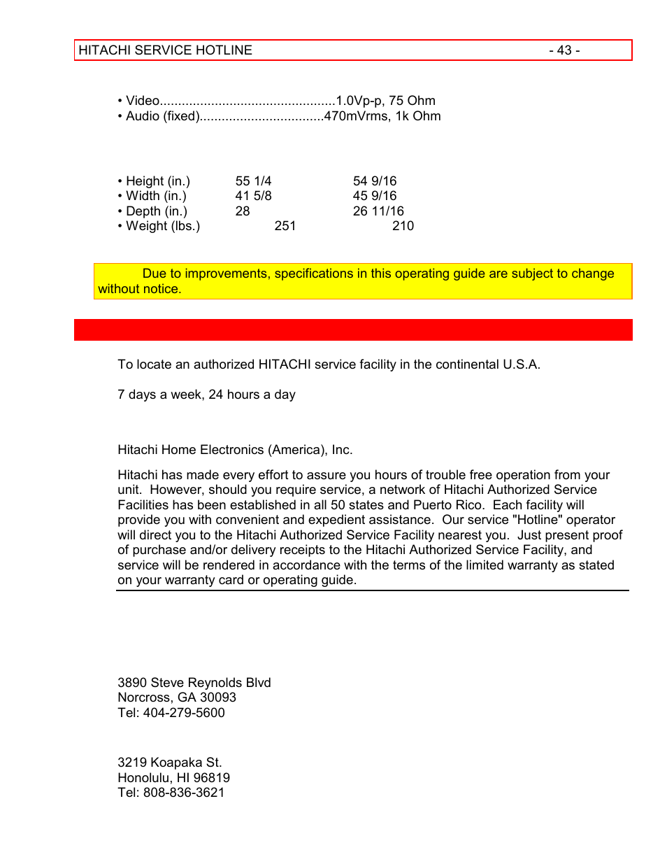Hitachi service hotline | Hitachi 55EX15K User Manual | Page 43 / 44
