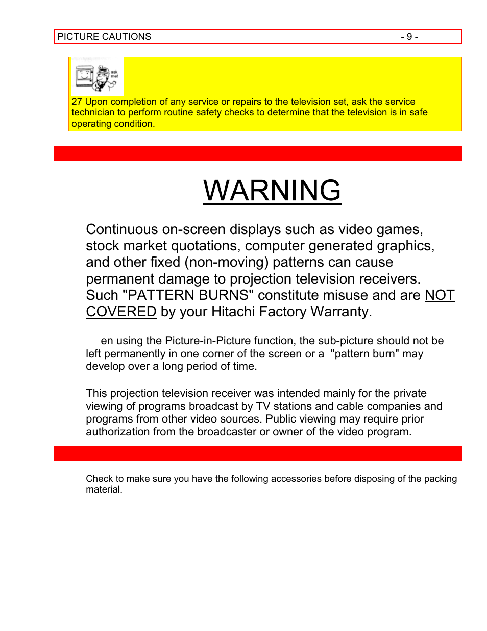 Picture cautions accessories | Hitachi 55EX15K User Manual | Page 9 / 44