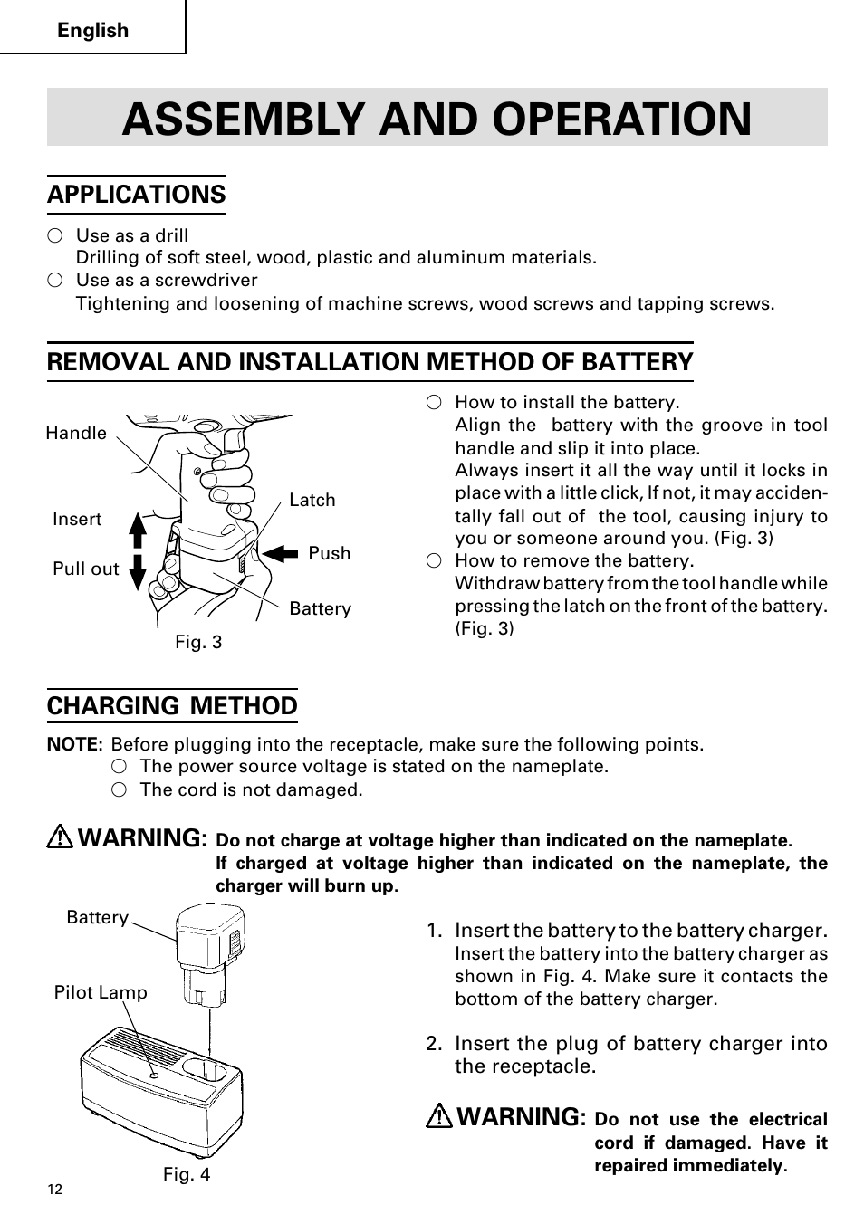 Assembly and operation, Applications, Removal and installation method of battery | Charging method, Warning | Hitachi FDS 9DVA User Manual | Page 12 / 60