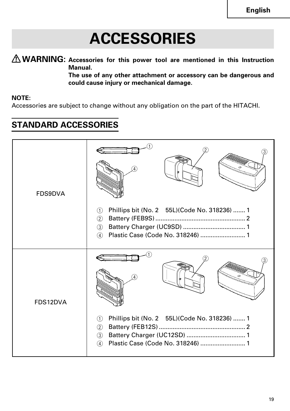 Accessories, Warning, Standard accessories | Hitachi FDS 9DVA User Manual | Page 19 / 60