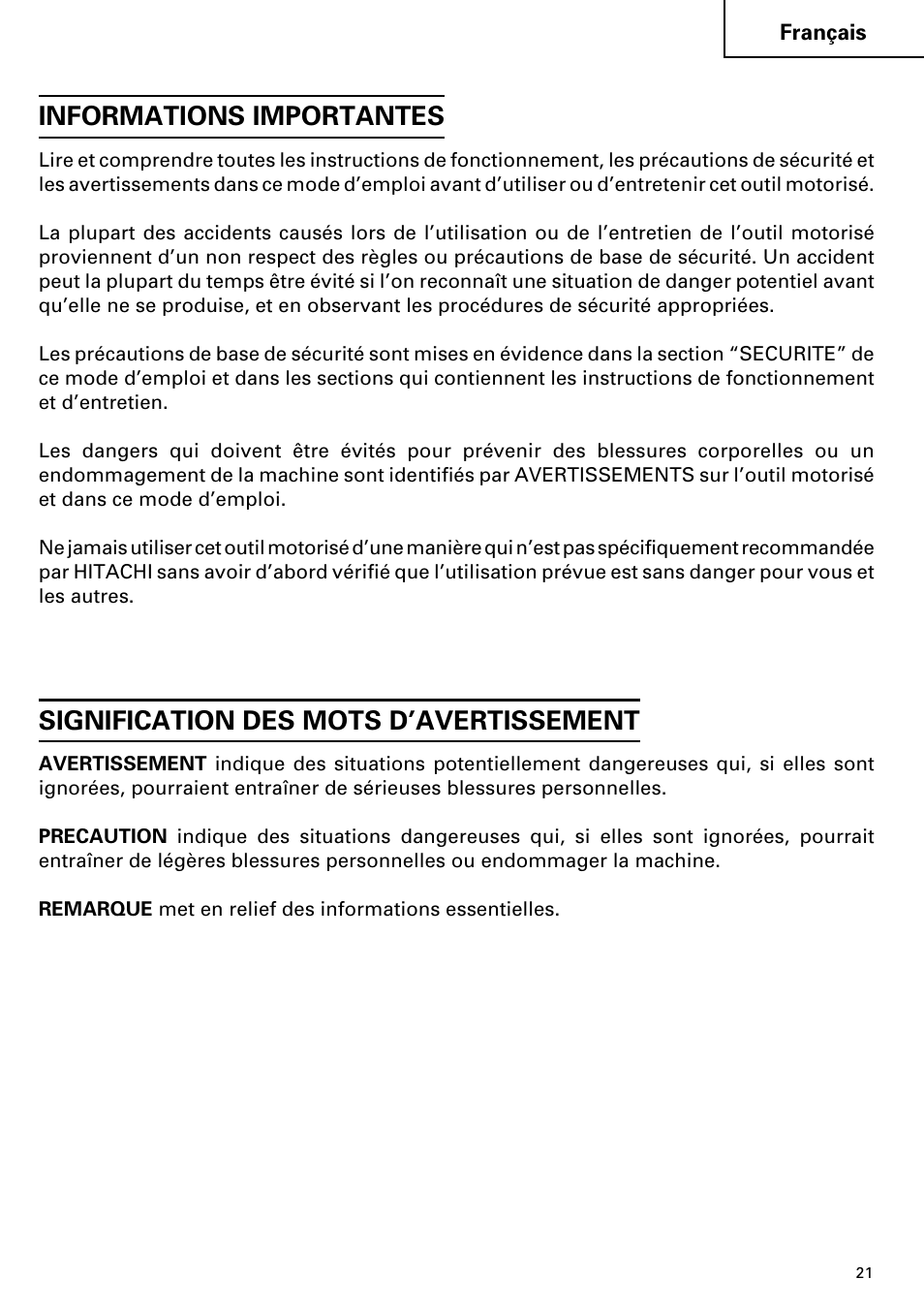 Informations importantes, Signification des mots d’avertissement | Hitachi FDS 9DVA User Manual | Page 21 / 60