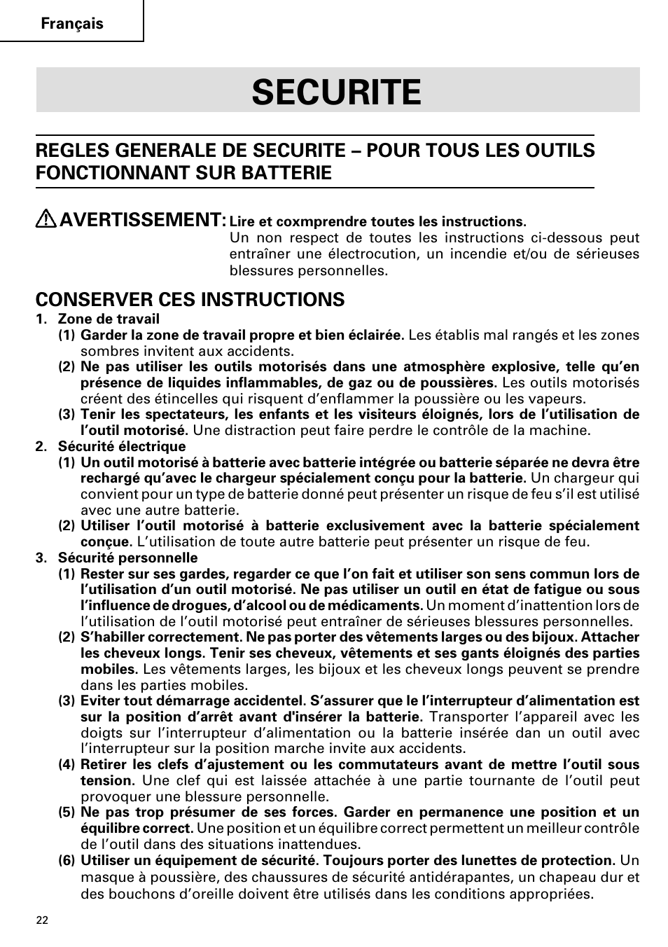 Securite, Conserver ces instructions | Hitachi FDS 9DVA User Manual | Page 22 / 60