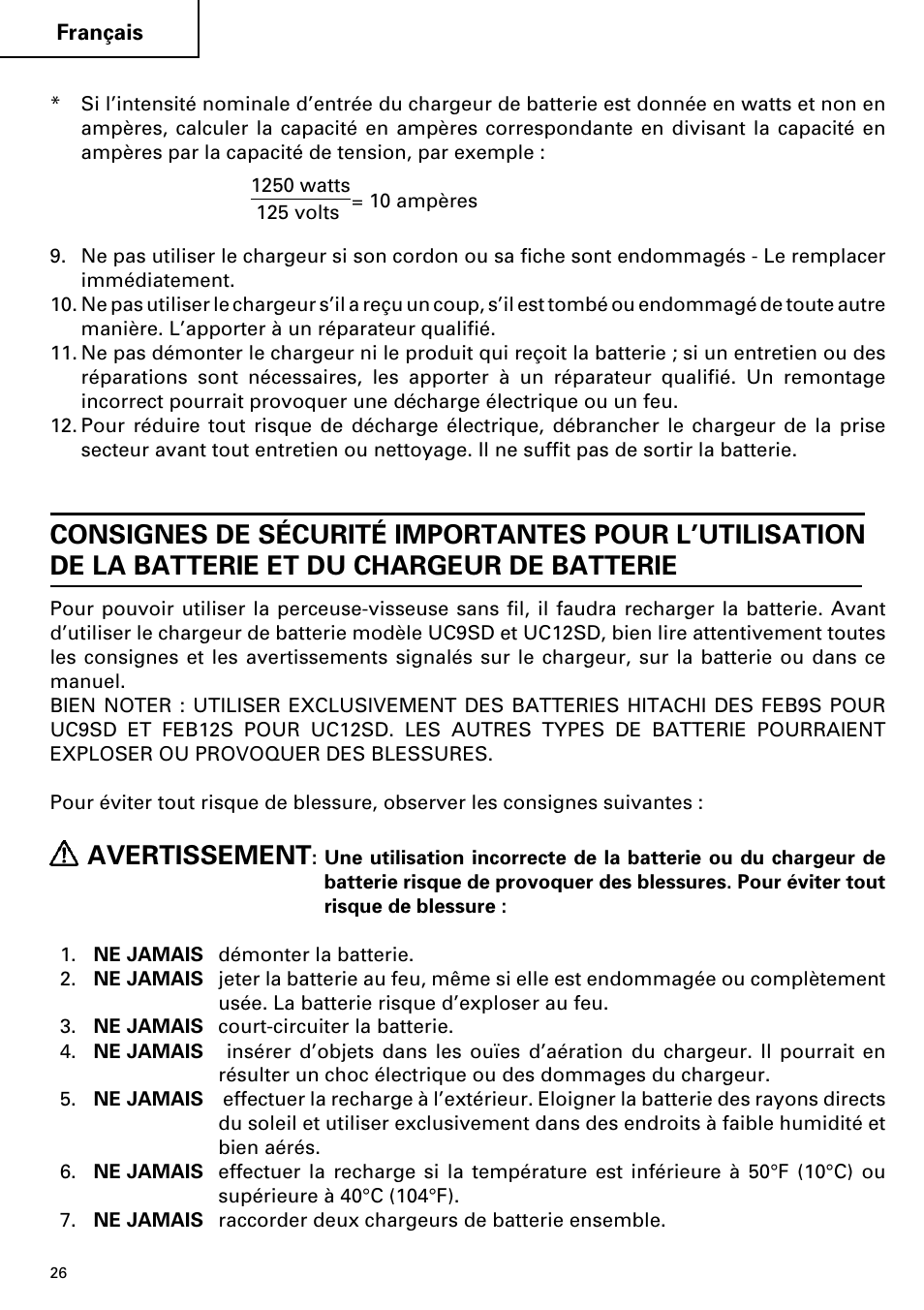 Avertissement | Hitachi FDS 9DVA User Manual | Page 26 / 60