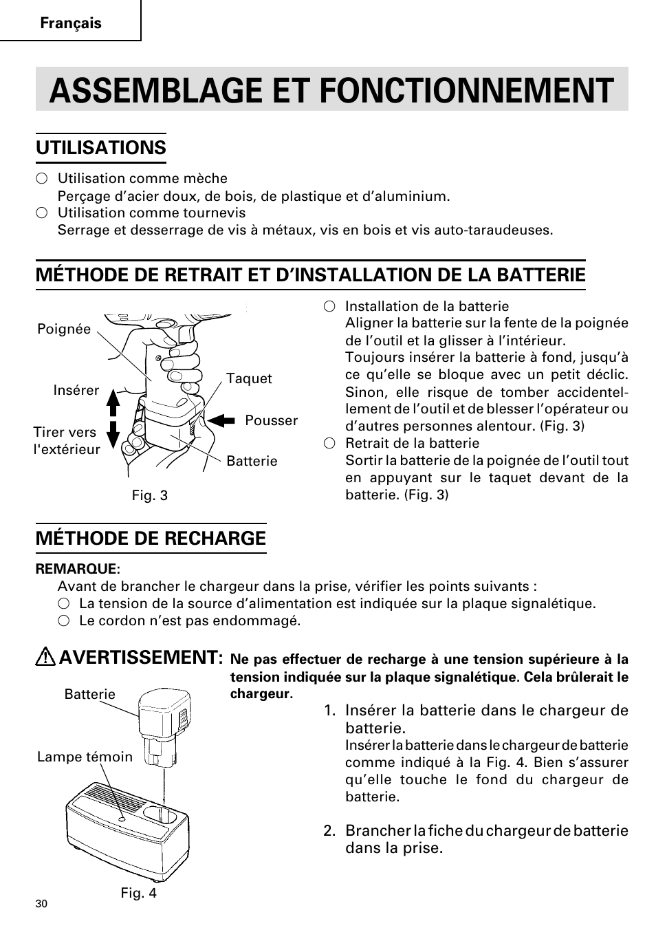 Assemblage et fonctionnement, Utilisations, Méthode de recharge | Avertissement | Hitachi FDS 9DVA User Manual | Page 30 / 60