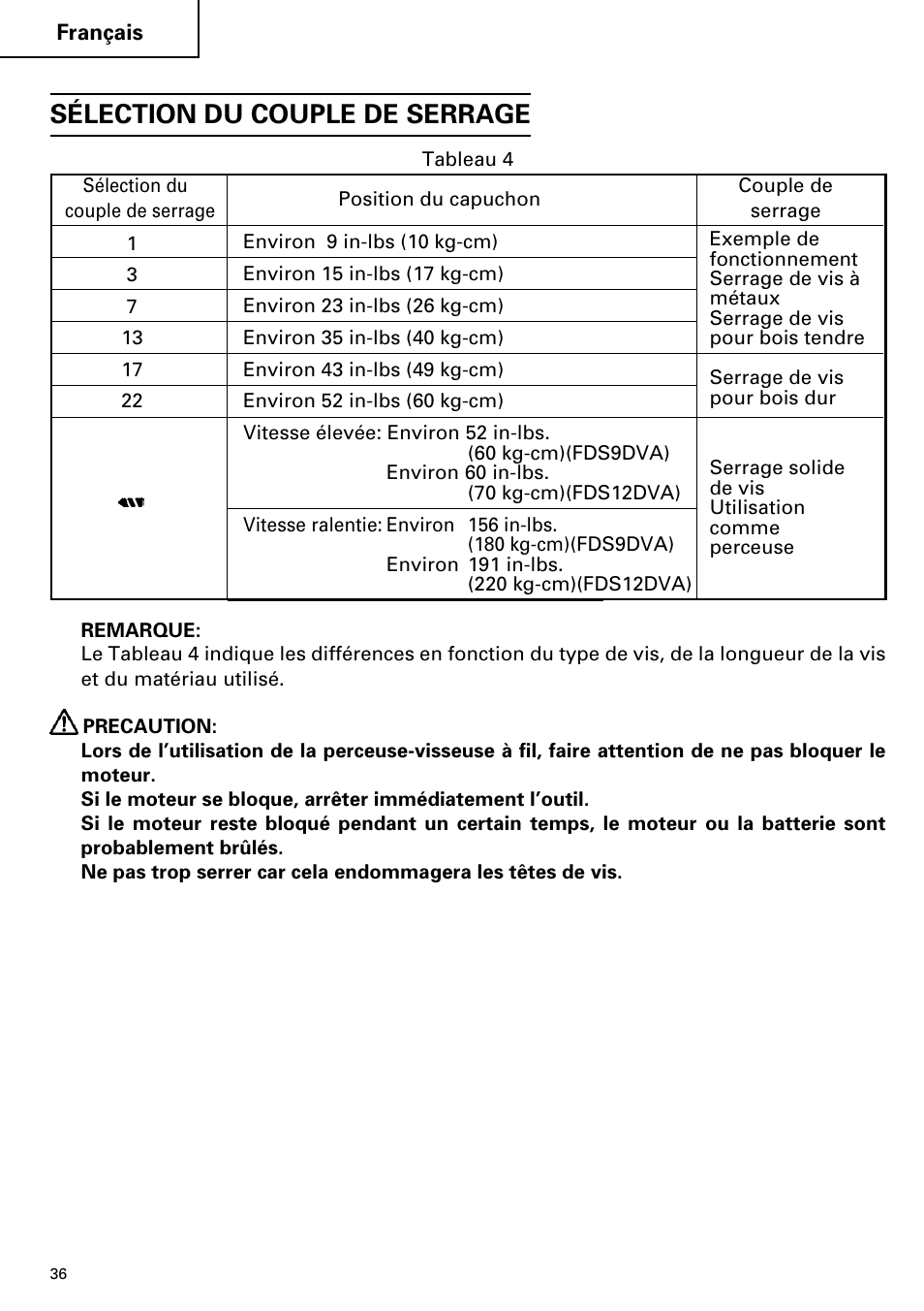 Sélection du couple de serrage | Hitachi FDS 9DVA User Manual | Page 36 / 60