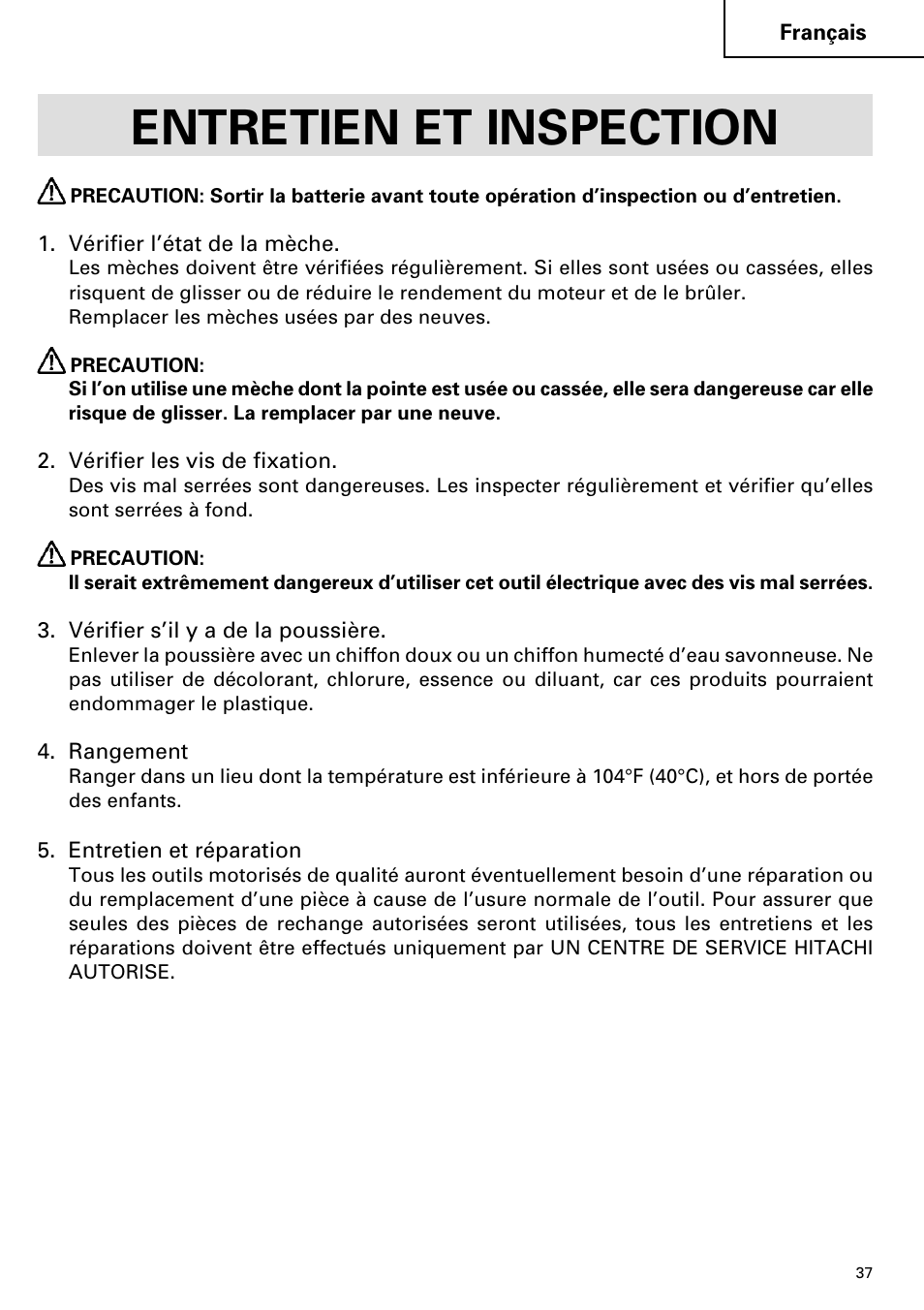 Entretien et inspection | Hitachi FDS 9DVA User Manual | Page 37 / 60