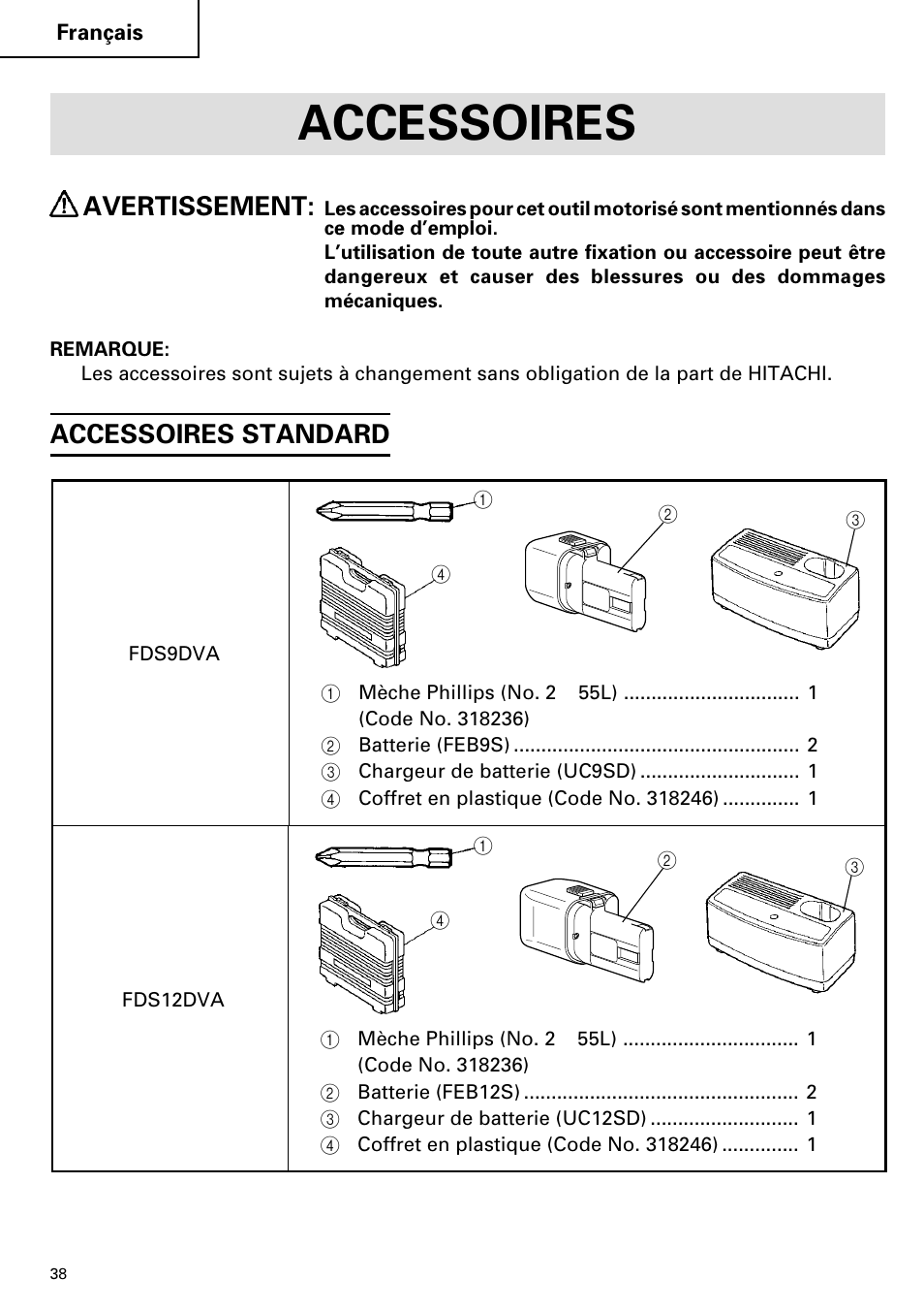 Accessoires, Avertissement, Accessoires standard | Hitachi FDS 9DVA User Manual | Page 38 / 60