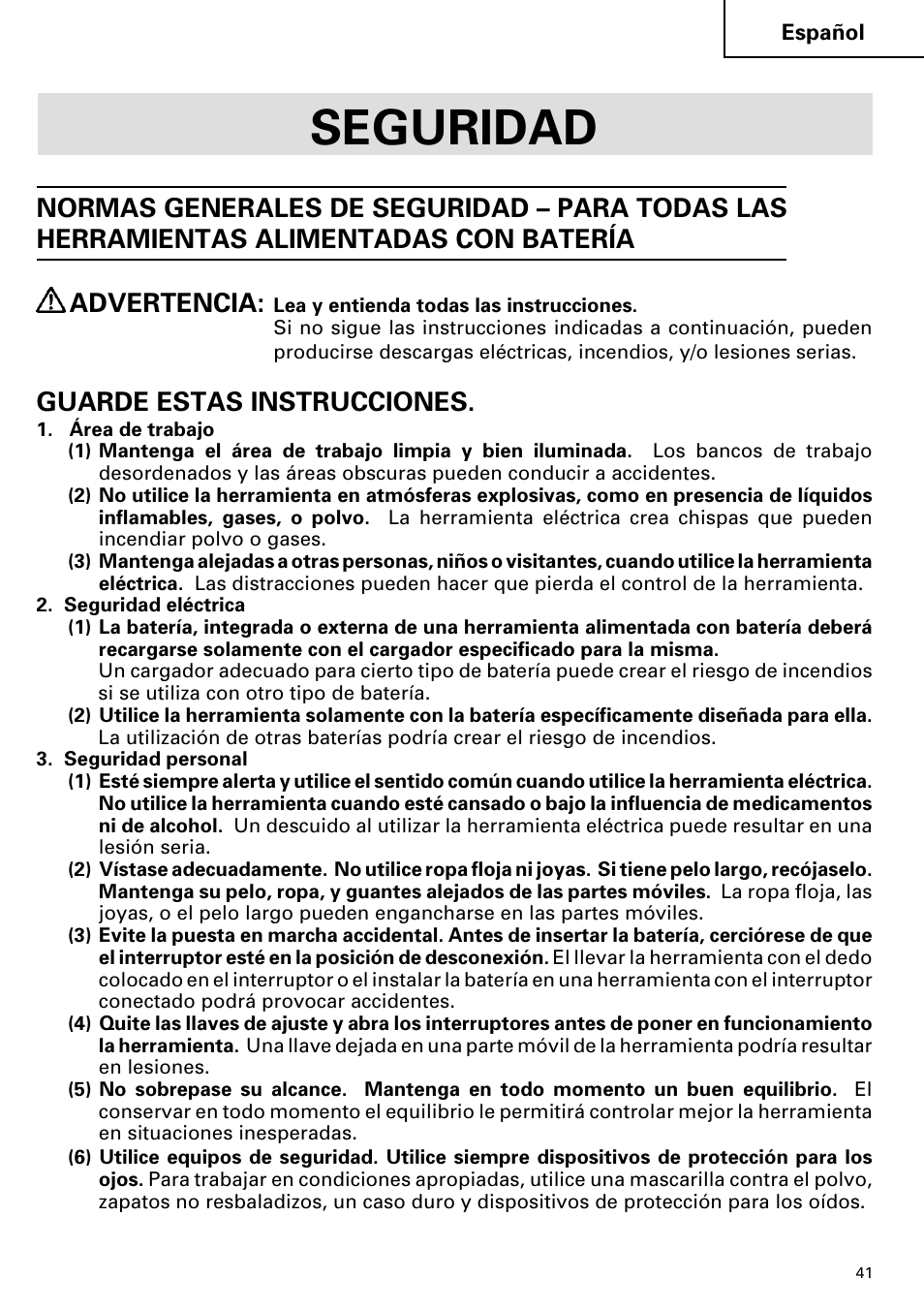 Seguridad, Guarde estas instrucciones | Hitachi FDS 9DVA User Manual | Page 41 / 60
