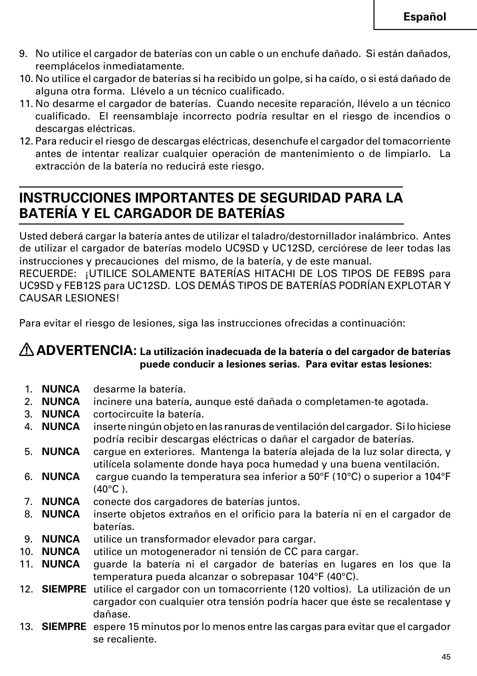 Advertencia | Hitachi FDS 9DVA User Manual | Page 45 / 60