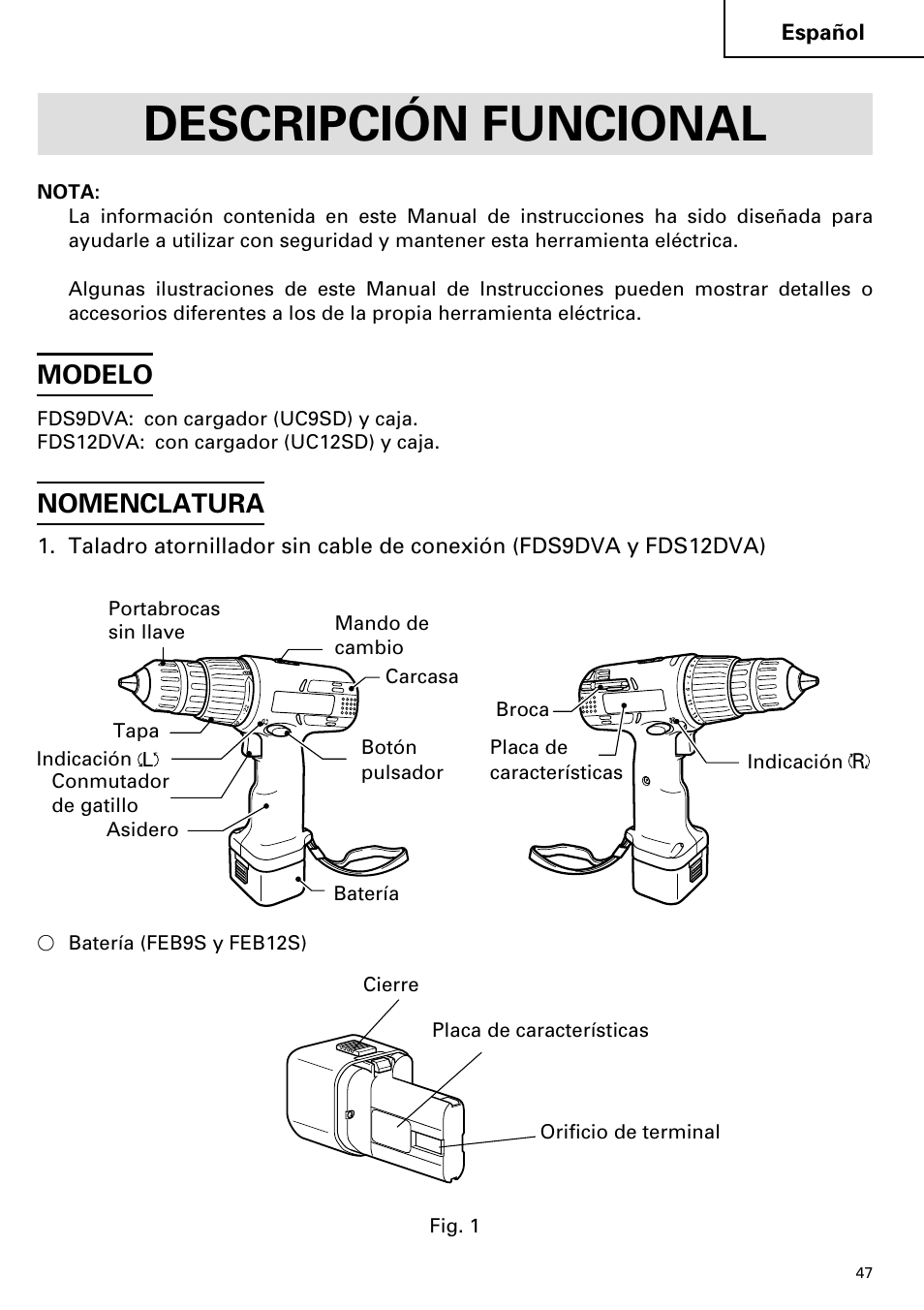Descripción funcional, Modelo, Nomenclatura | Hitachi FDS 9DVA User Manual | Page 47 / 60