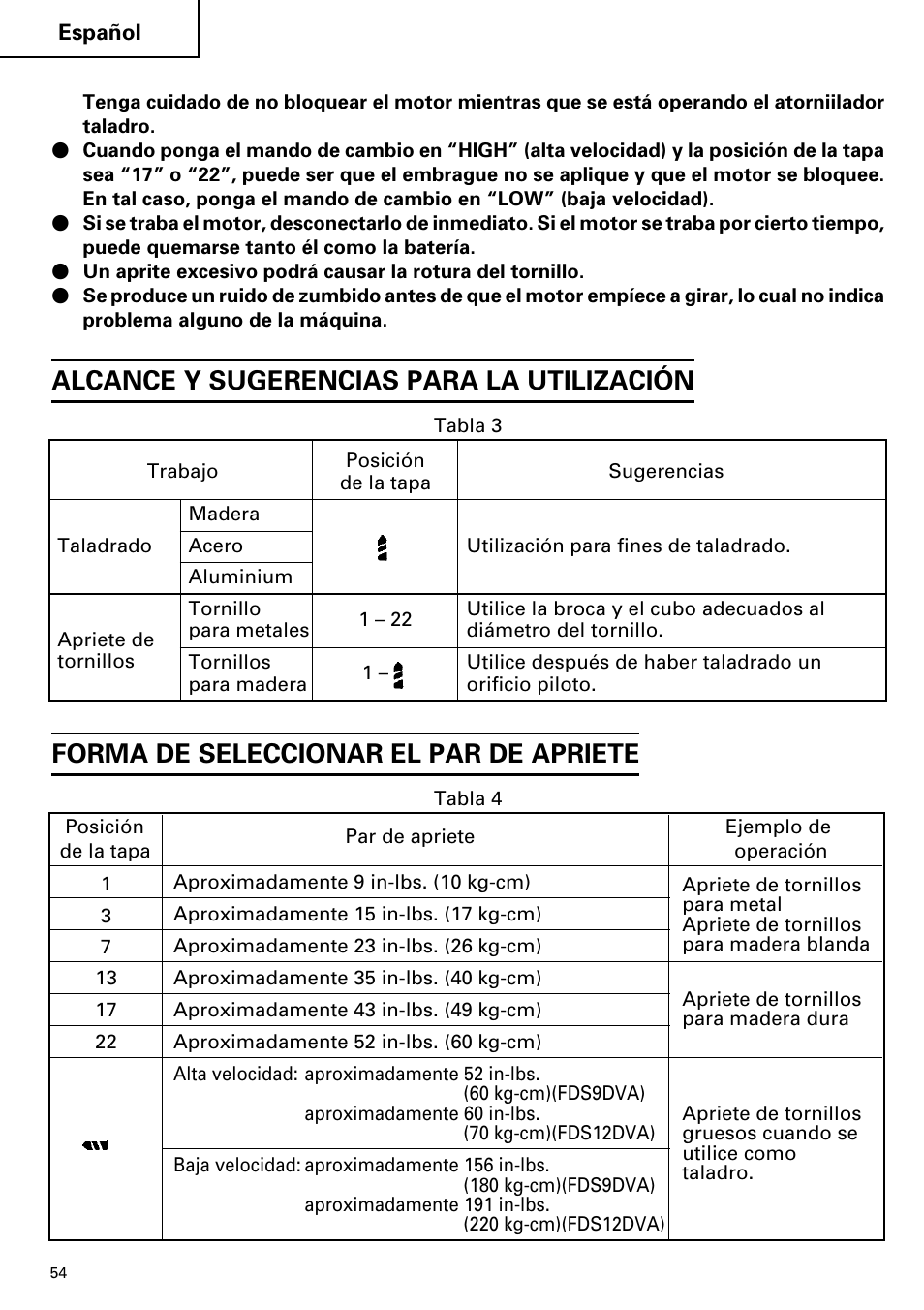Alcance y sugerencias para la utilización, Forma de seleccionar el par de apriete | Hitachi FDS 9DVA User Manual | Page 54 / 60