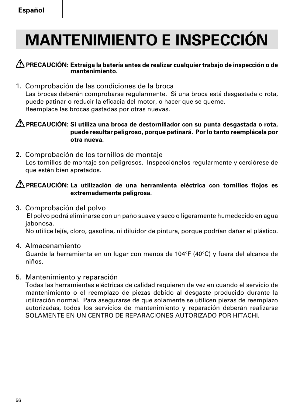 Mantenimiento e inspección | Hitachi FDS 9DVA User Manual | Page 56 / 60