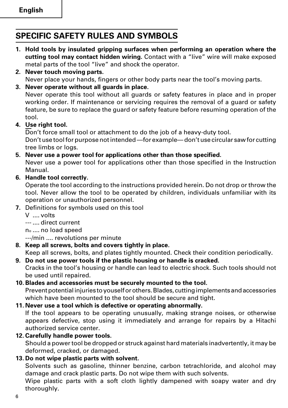 Specific safety rules and symbols | Hitachi FDS 9DVA User Manual | Page 6 / 60