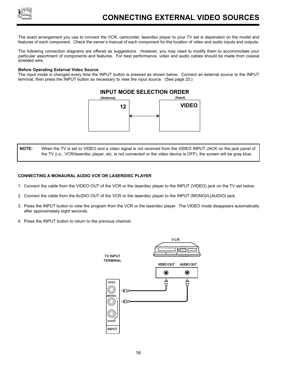 Connecting external video sources, 12 video input mode selection order | Hitachi 36UX01S User Manual | Page 16 / 60
