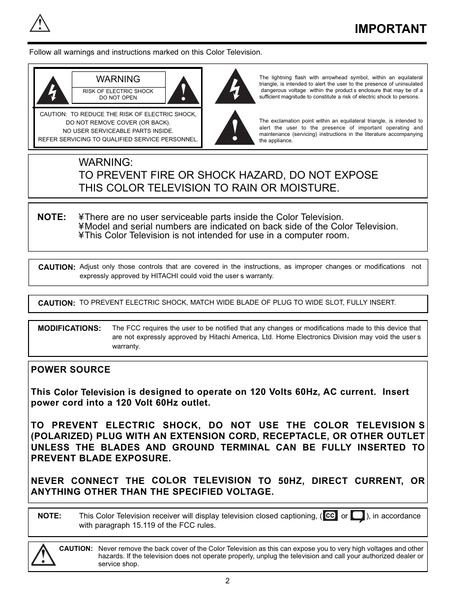 Important, Warning | Hitachi 36UX01S User Manual | Page 2 / 60