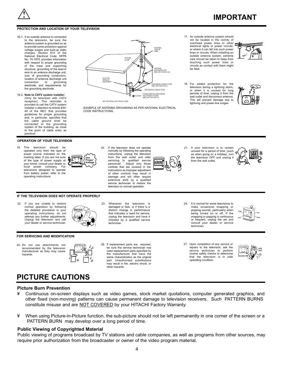 Important, Picture cautions | Hitachi 36UX01S User Manual | Page 4 / 60