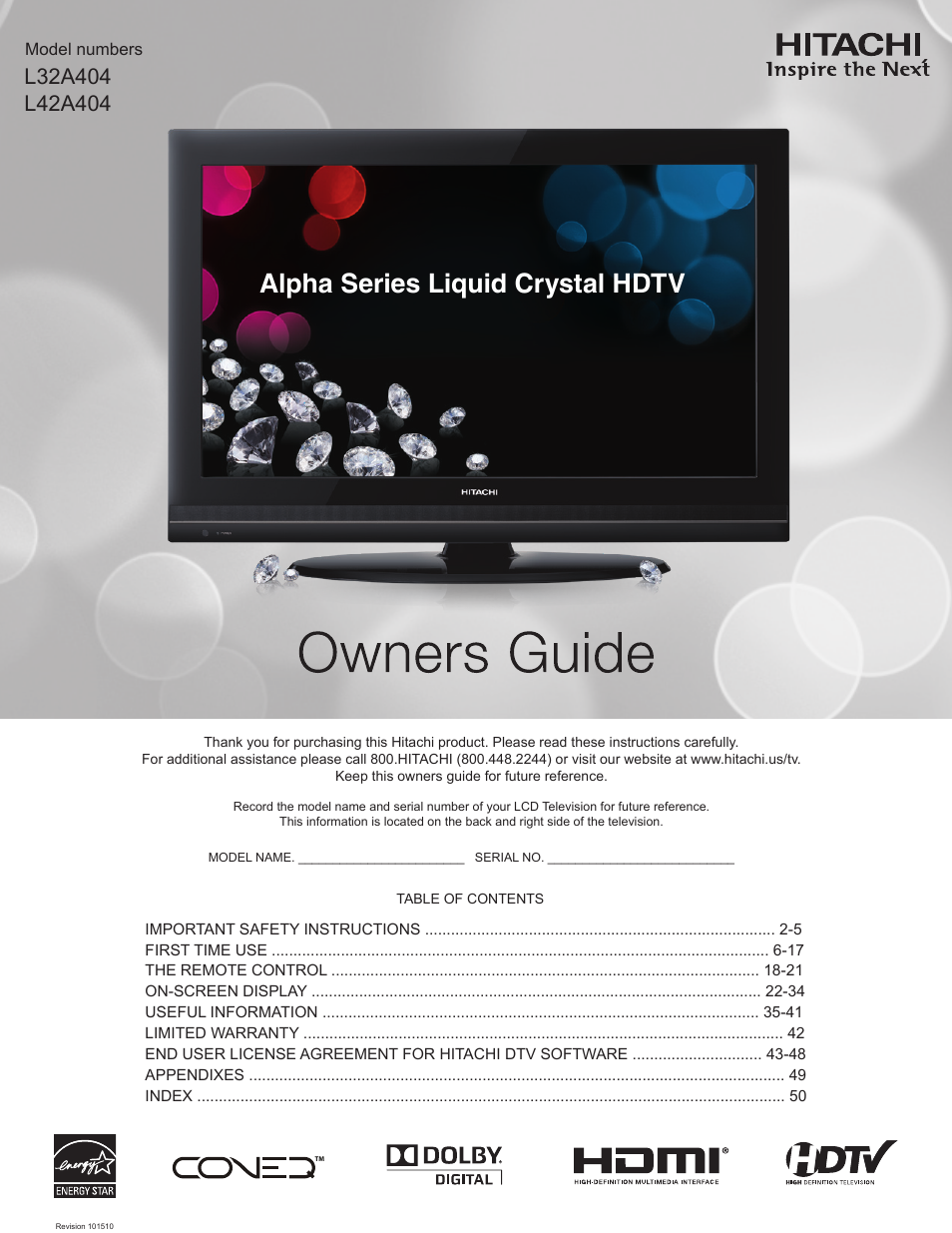 Hitachi ALPHA SERIES L32A404 User Manual | 52 pages