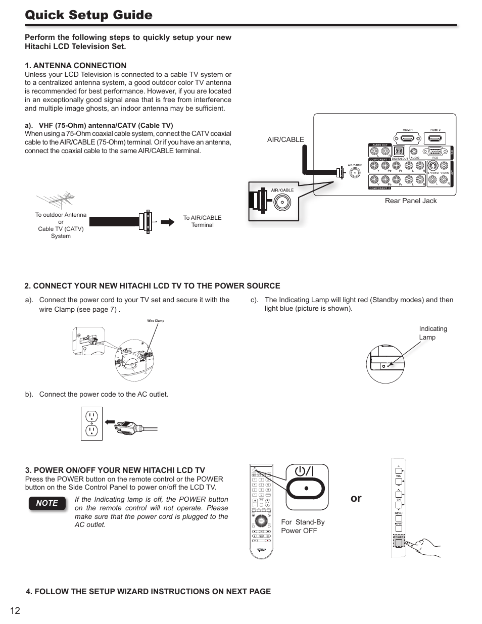 Quick setup guide, Follow the setup wizard instructions on next page, Air/cable | For stand-by power off | Hitachi ALPHA SERIES L32A404 User Manual | Page 12 / 52
