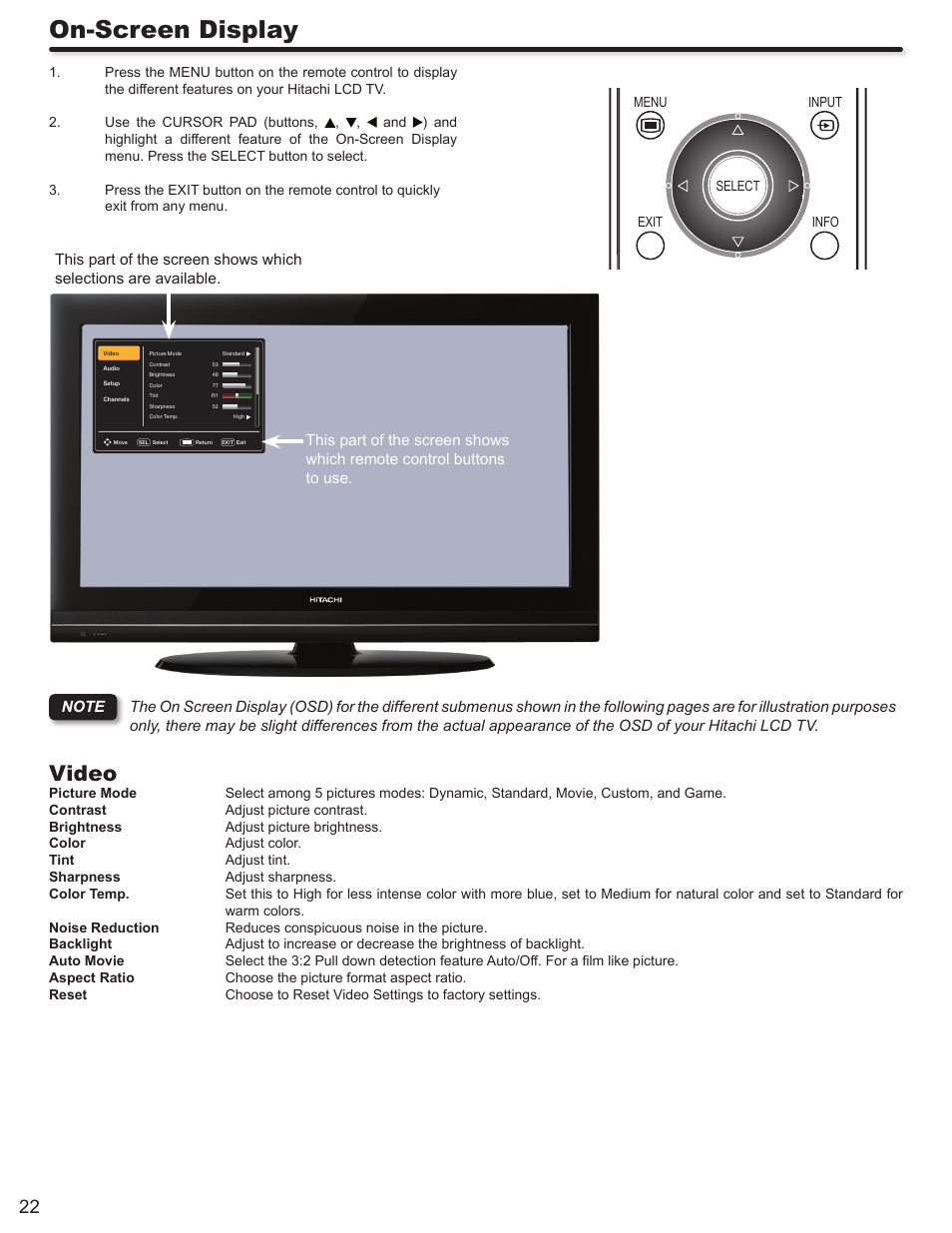 On-screen display, Video | Hitachi ALPHA SERIES L32A404 User Manual | Page 22 / 52