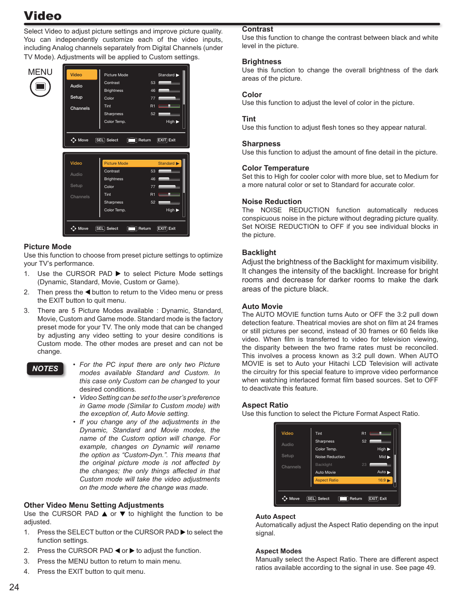 Video, Menu, Picture mode | Other video menu setting adjustments, Contrast, Brightness, Color, Tint, Sharpness, Color temperature | Hitachi ALPHA SERIES L32A404 User Manual | Page 24 / 52