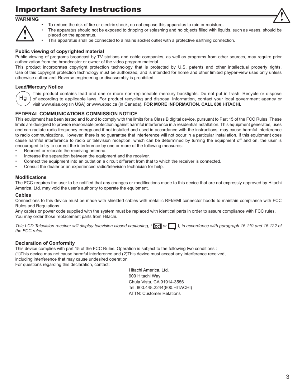 Important safety instructions | Hitachi ALPHA SERIES L32A404 User Manual | Page 3 / 52