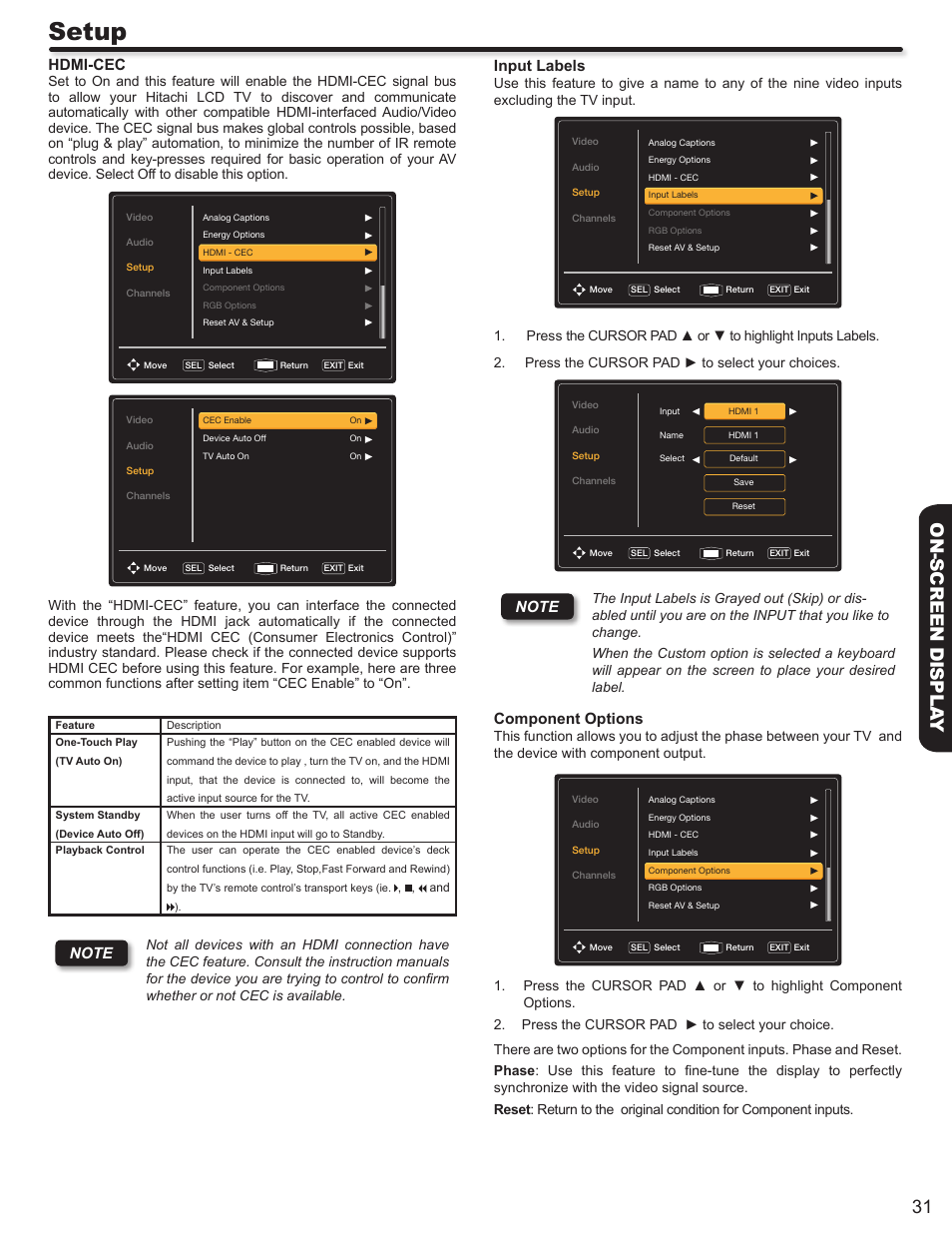 Setup, Hdmi-cec, Input labels | Component options | Hitachi ALPHA SERIES L32A404 User Manual | Page 31 / 52