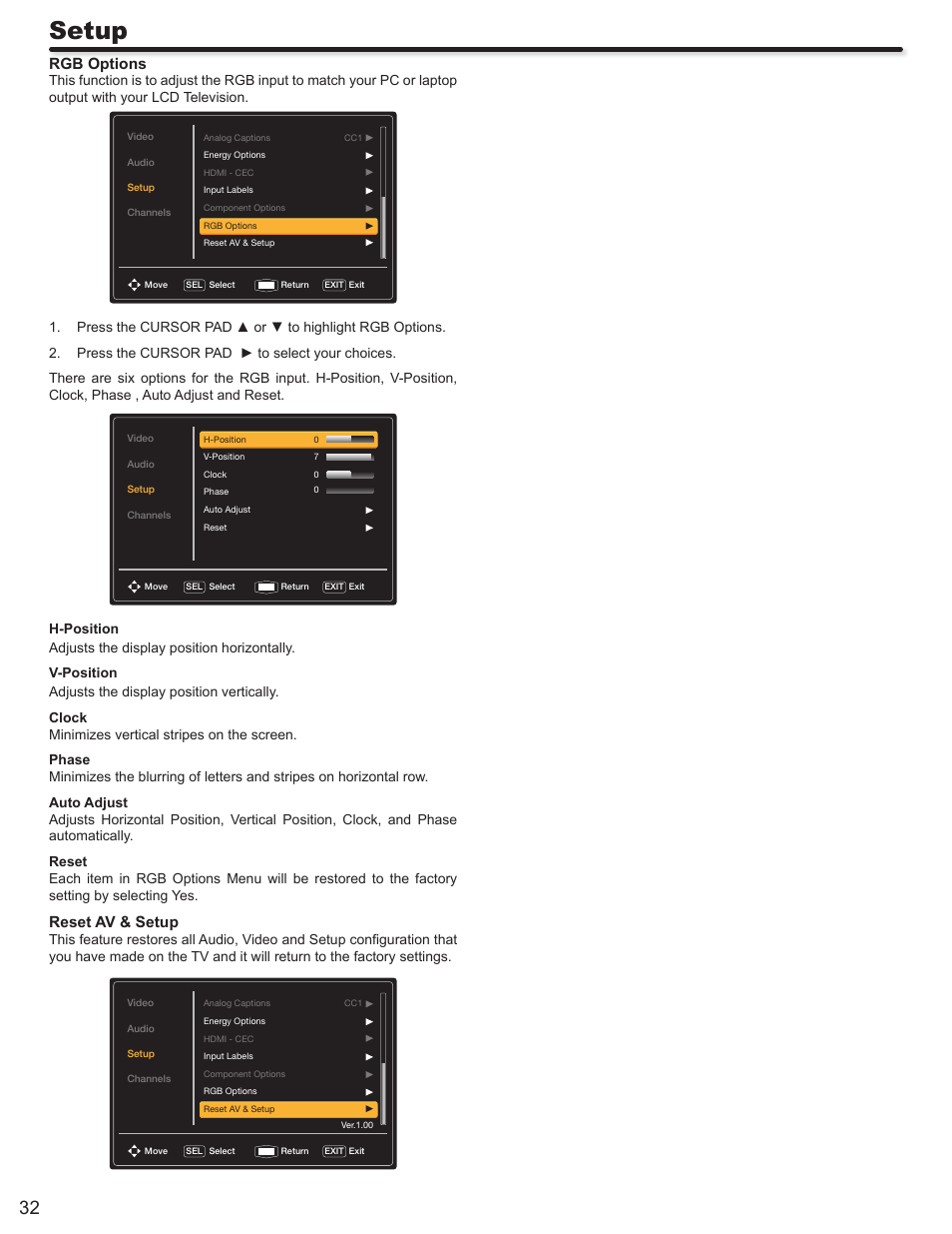 Setup, Rgb options, Reset av & setup | Hitachi ALPHA SERIES L32A404 User Manual | Page 32 / 52