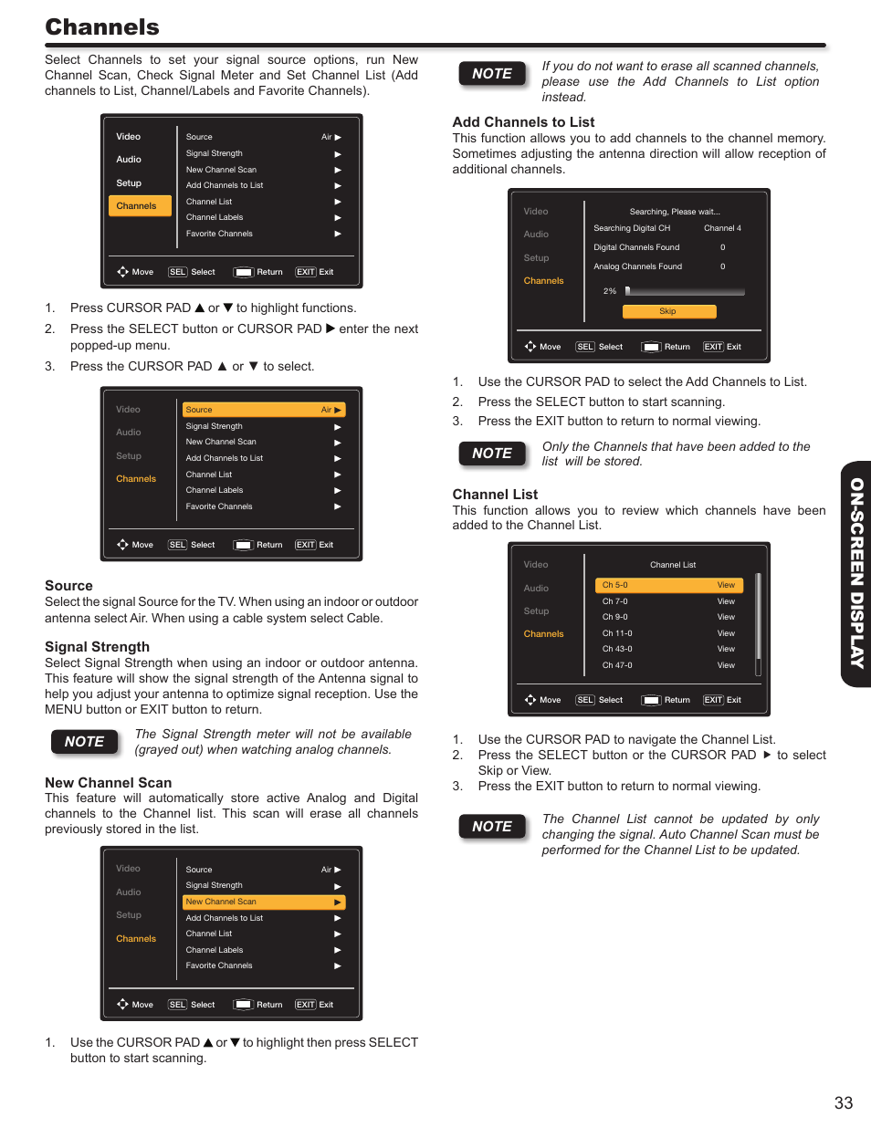 Channels, Source, Signal strength | New channel scan, Add channels to list, Channel list | Hitachi ALPHA SERIES L32A404 User Manual | Page 33 / 52