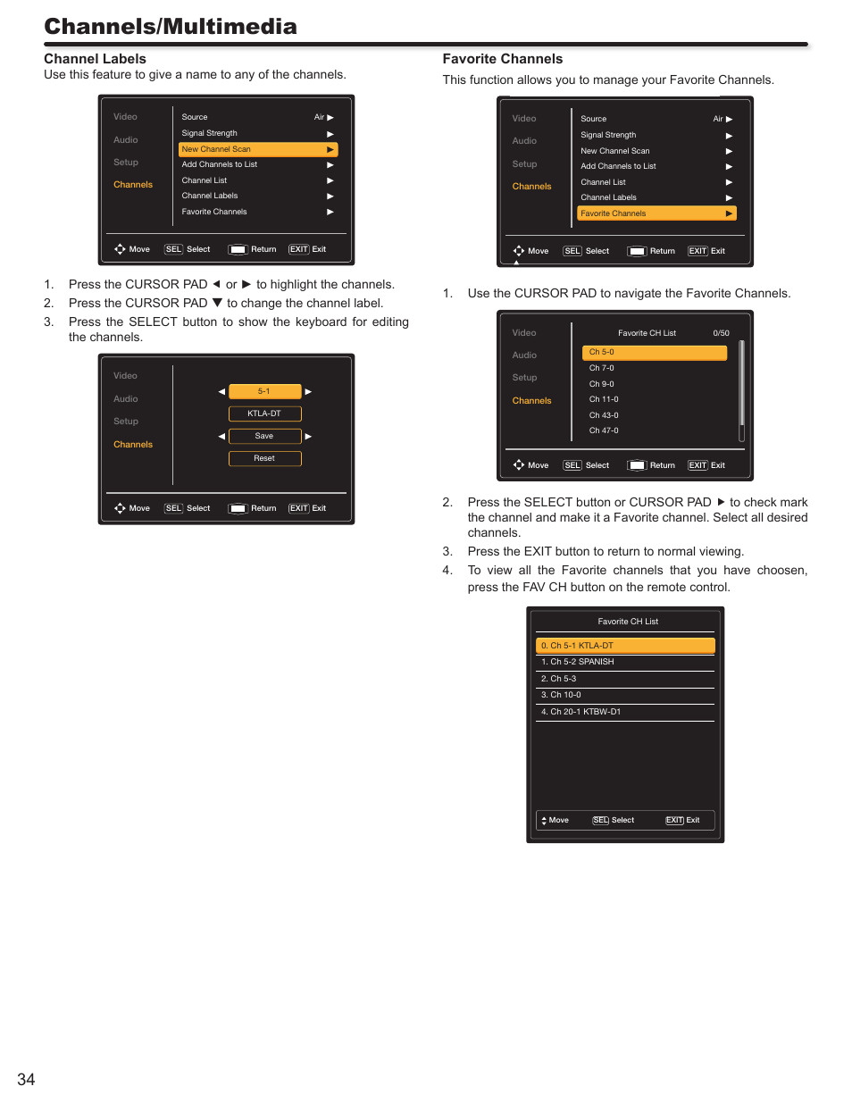 Channels/multimedia, Channel labels, Favorite channels | Hitachi ALPHA SERIES L32A404 User Manual | Page 34 / 52