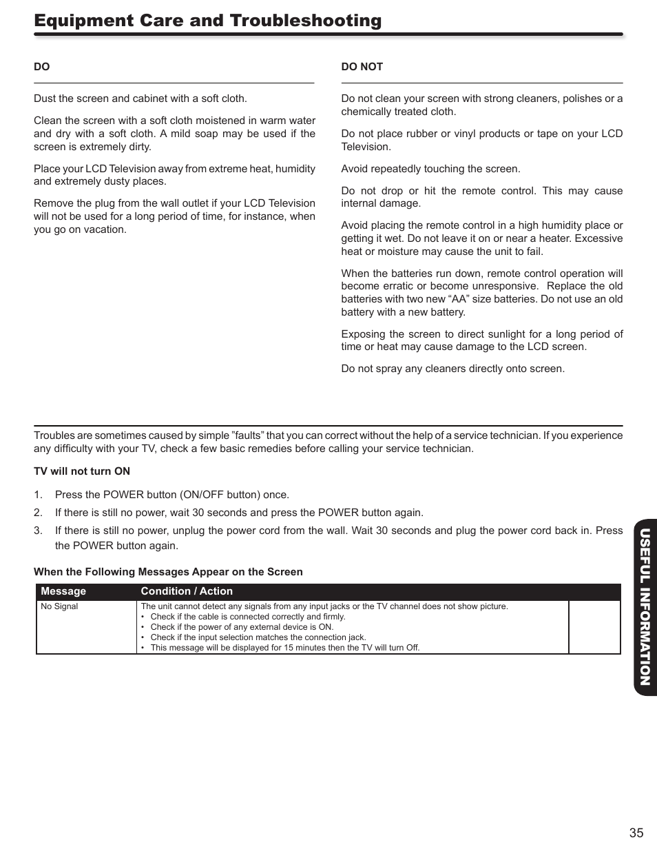 Equipment care and troubleshooting | Hitachi ALPHA SERIES L32A404 User Manual | Page 35 / 52