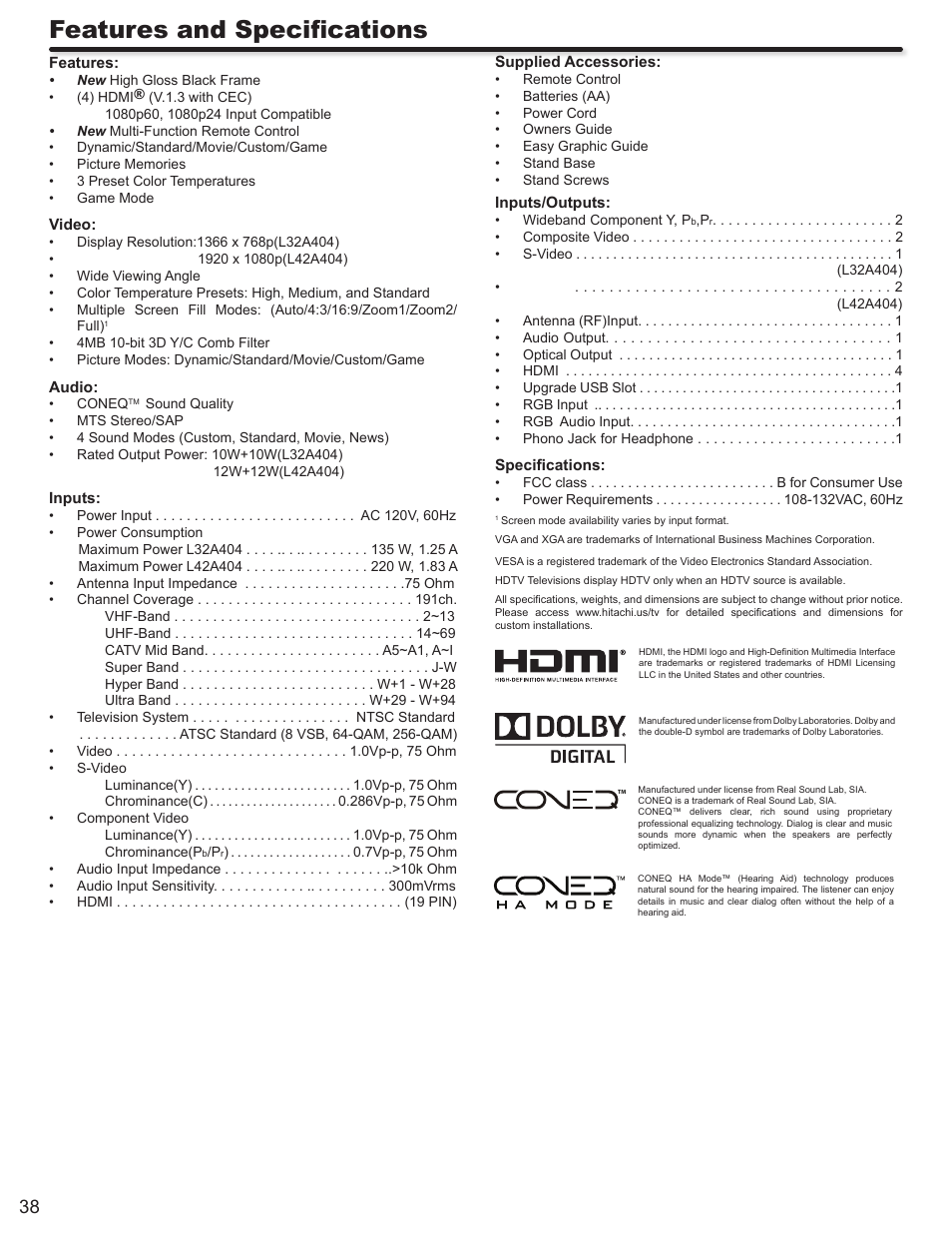 Features and specifications | Hitachi ALPHA SERIES L32A404 User Manual | Page 38 / 52