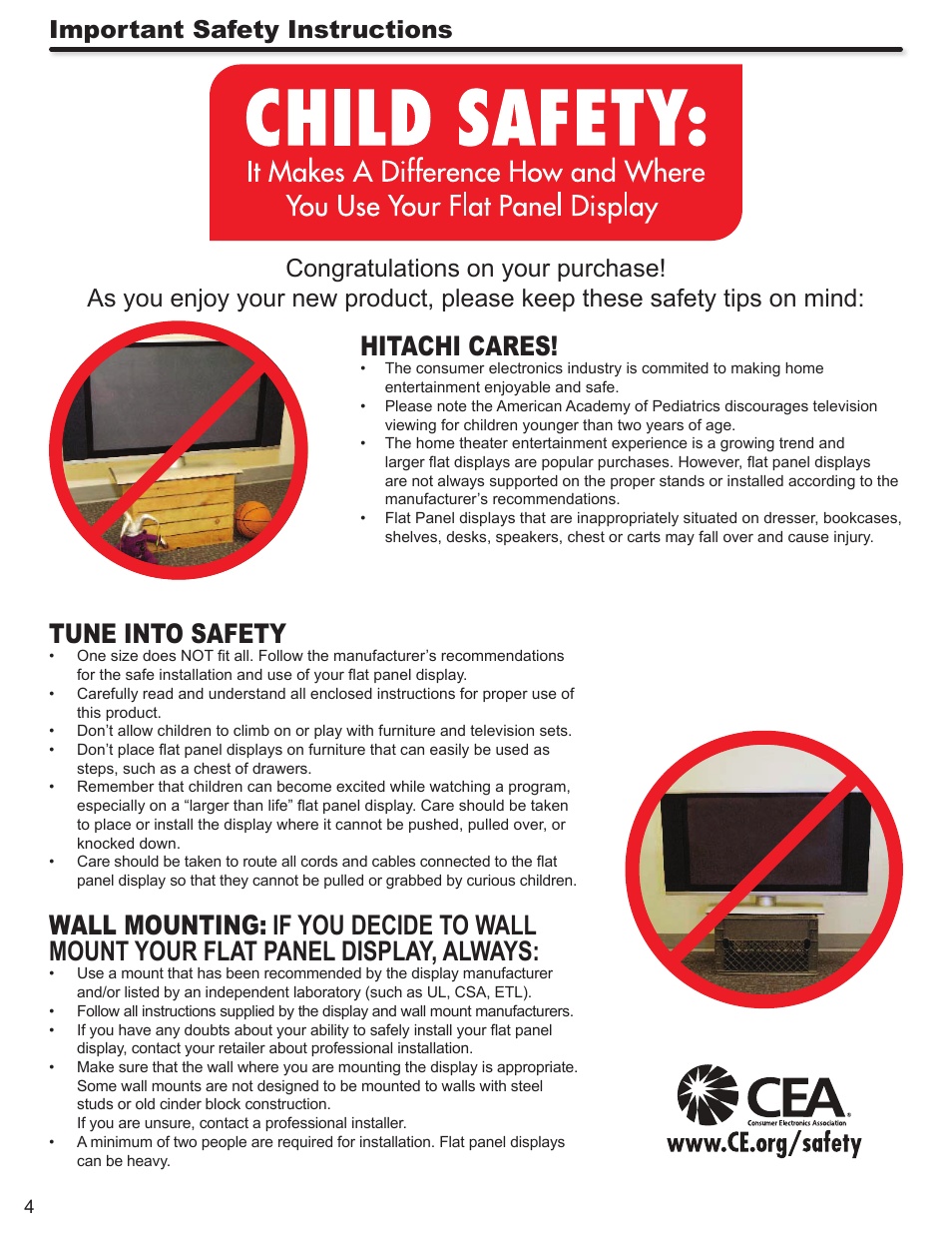 Hitachi cares, Tune into safety | Hitachi ALPHA SERIES L32A404 User Manual | Page 4 / 52