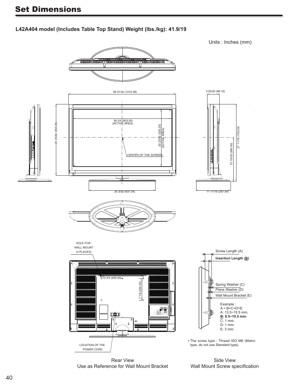 Set dimensions, Side view wall mount screw speciﬁcation | Hitachi ALPHA SERIES L32A404 User Manual | Page 40 / 52