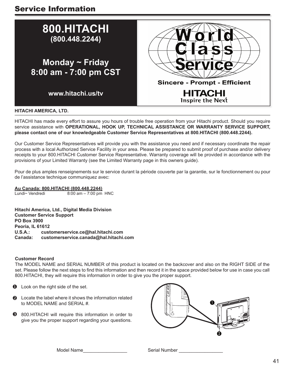 Hitachi, Service information | Hitachi ALPHA SERIES L32A404 User Manual | Page 41 / 52
