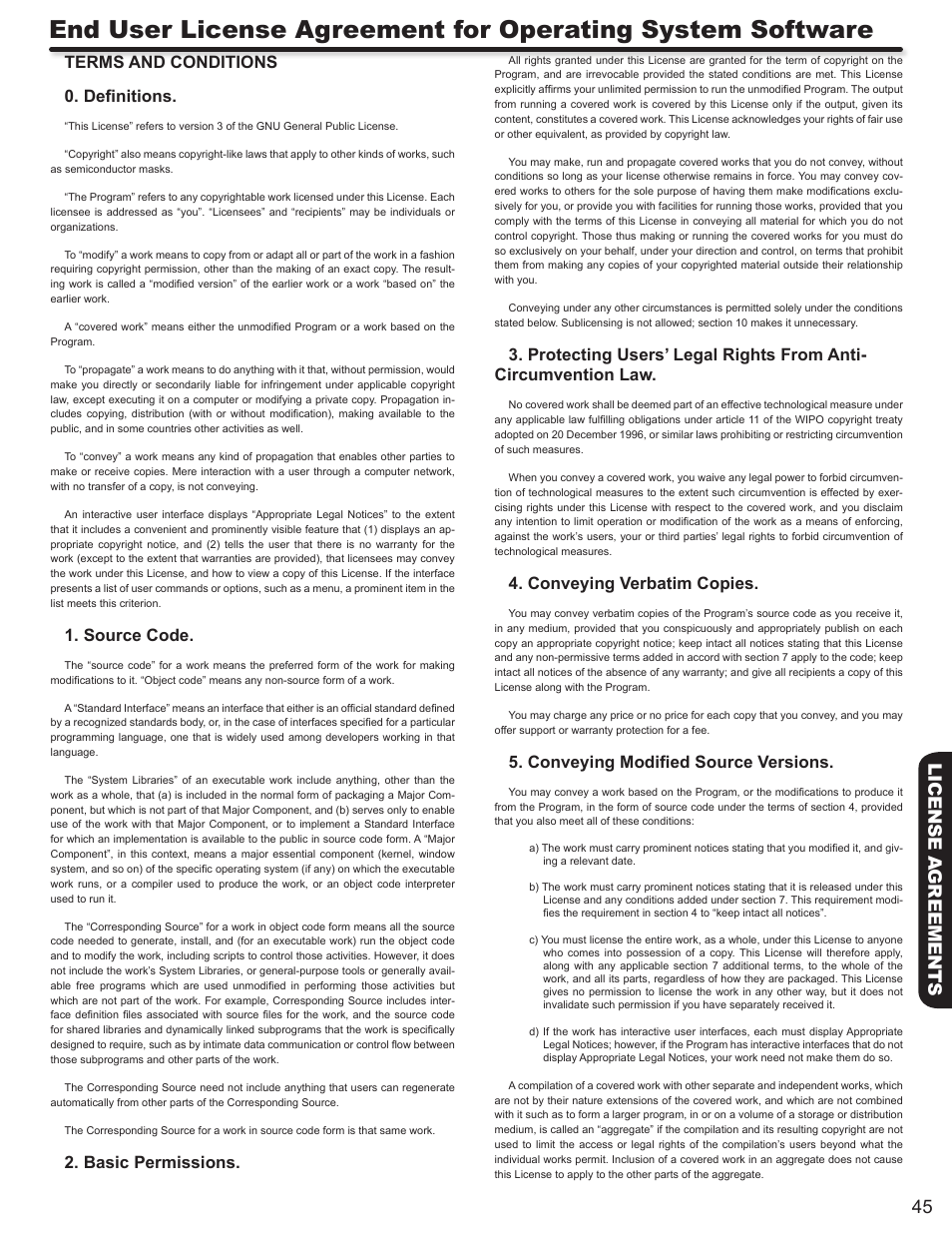 Terms and conditions 0. definitions, Source code, Basic permissions | Conveying verbatim copies, Conveying modified source versions | Hitachi ALPHA SERIES L32A404 User Manual | Page 45 / 52
