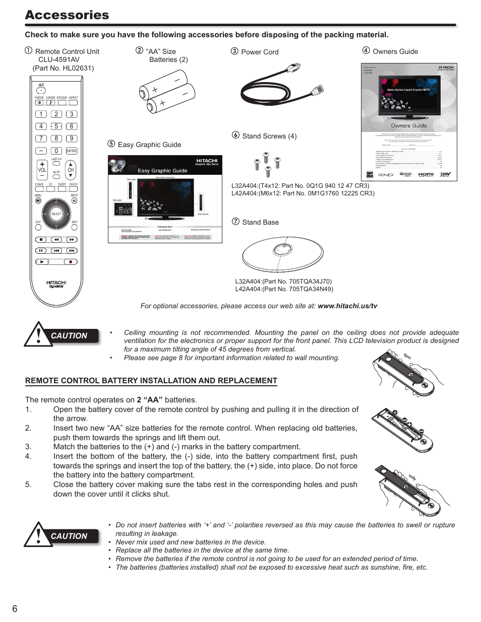 Accessories, Caution | Hitachi ALPHA SERIES L32A404 User Manual | Page 6 / 52