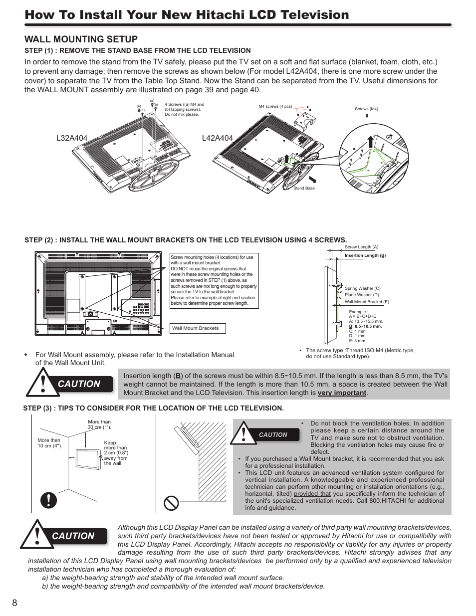 How to install your new hitachi lcd television, Wall mounting setup, Caution | Hitachi ALPHA SERIES L32A404 User Manual | Page 8 / 52