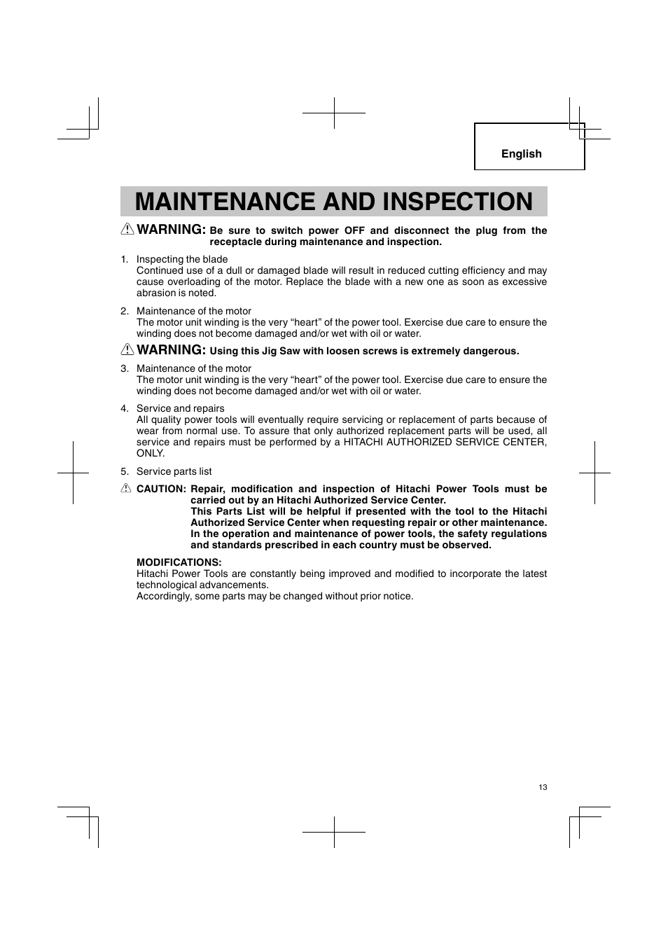 Maintenance and inspection, Warning | Hitachi CJ 90VST User Manual | Page 13 / 48