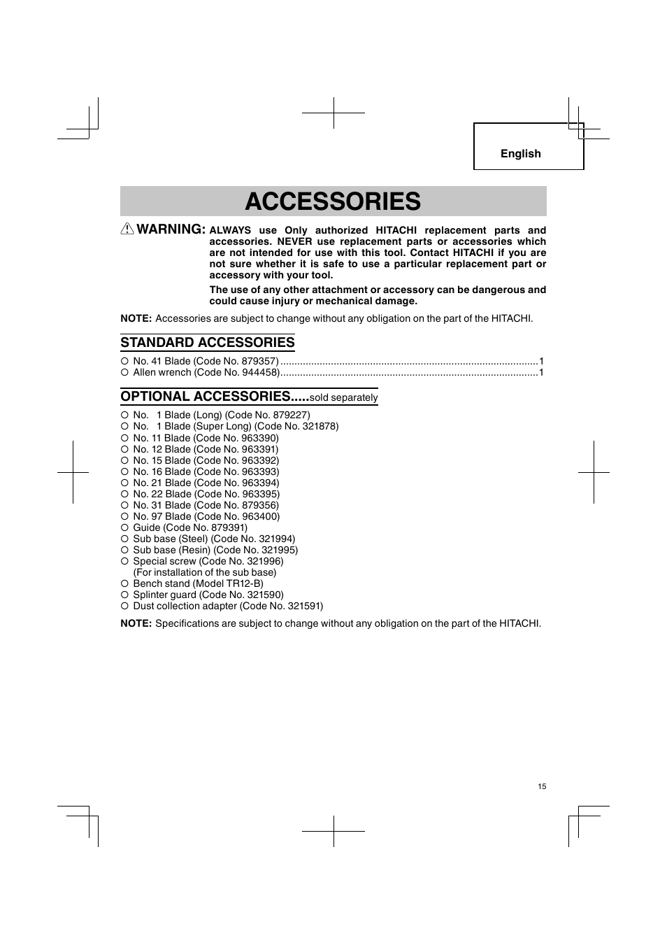 Accessories, Warning, Standard accessories | Optional accessories | Hitachi CJ 90VST User Manual | Page 15 / 48