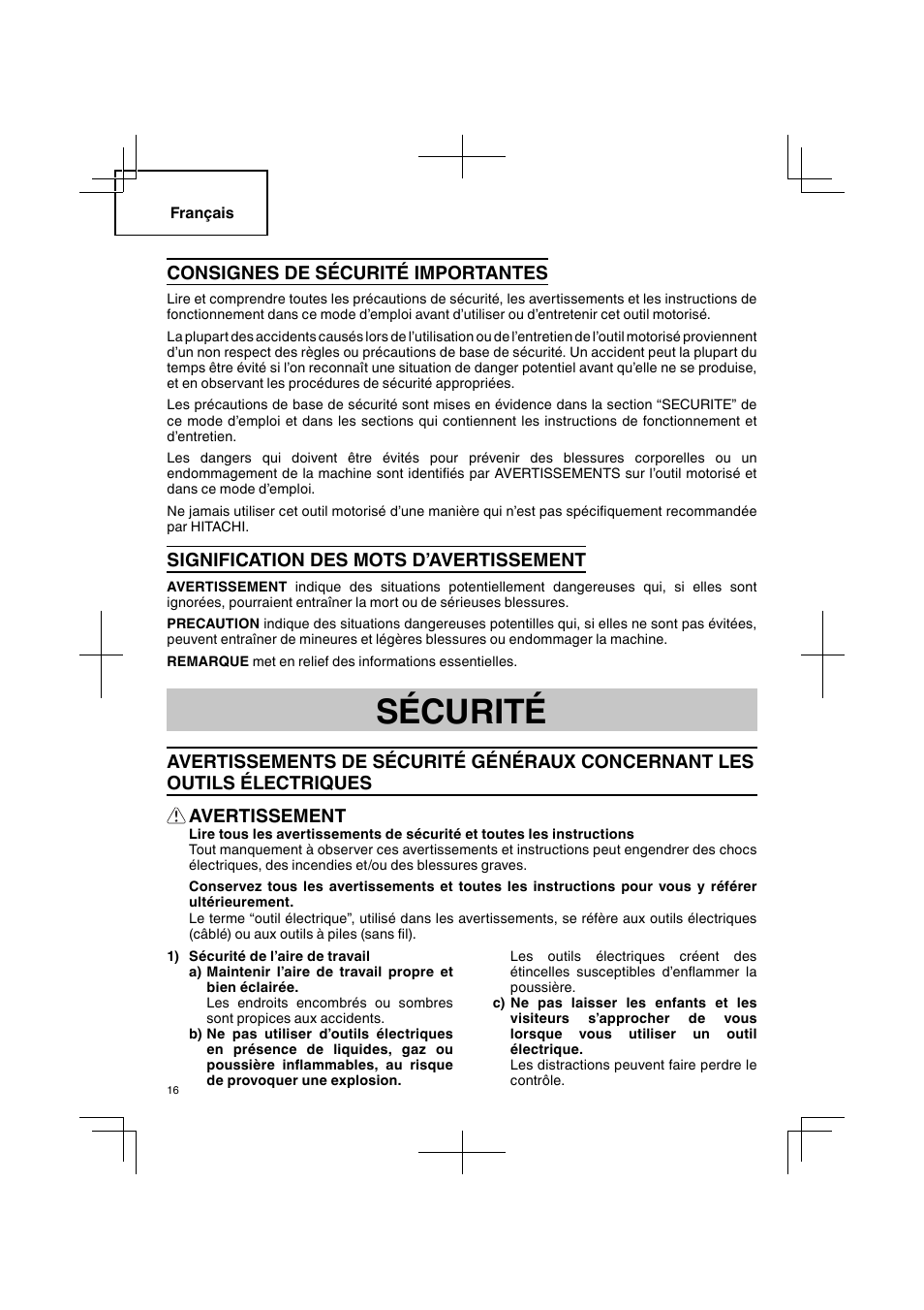 Sécurité, Consignes de sécurité importantes, Signification des mots d’avertissement | Avertissement | Hitachi CJ 90VST User Manual | Page 16 / 48