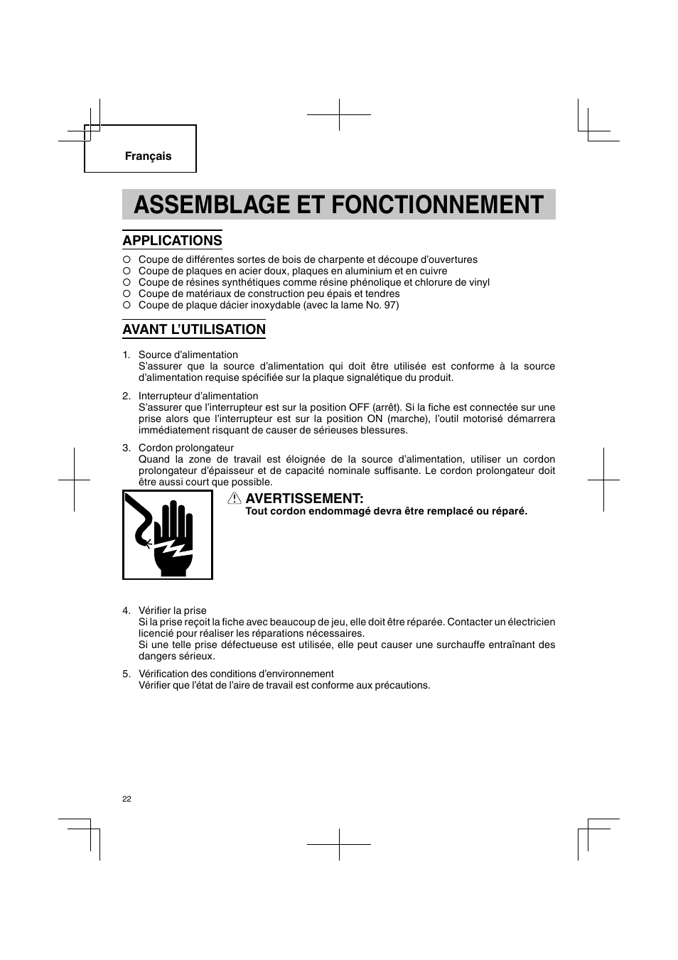 Assemblage et fonctionnement, Applications, Avant l’utilisation | Avertissement | Hitachi CJ 90VST User Manual | Page 22 / 48