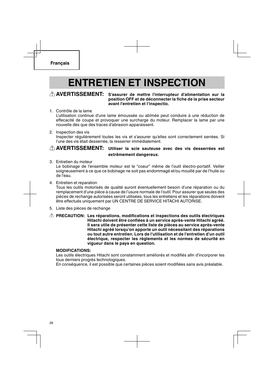 Entretien et inspection, Avertissement | Hitachi CJ 90VST User Manual | Page 28 / 48