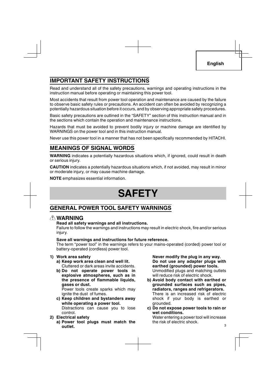 Safety, Important safety instructions, Meanings of signal words | General power tool safety warnings, Warning | Hitachi CJ 90VST User Manual | Page 3 / 48