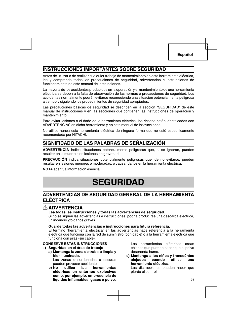 Seguridad, Instrucciones importantes sobre seguridad, Significado de las palabras de señalización | Advertencia | Hitachi CJ 90VST User Manual | Page 31 / 48