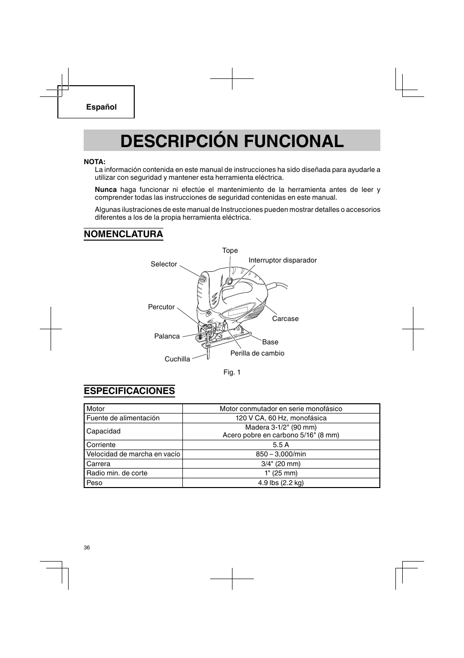 Descripción funcional, Nomenclatura, Especificaciones | Hitachi CJ 90VST User Manual | Page 36 / 48