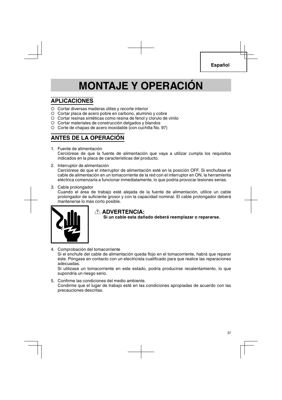 Montaje y operación, Aplicaciones, Antes de la operación | Advertencia | Hitachi CJ 90VST User Manual | Page 37 / 48