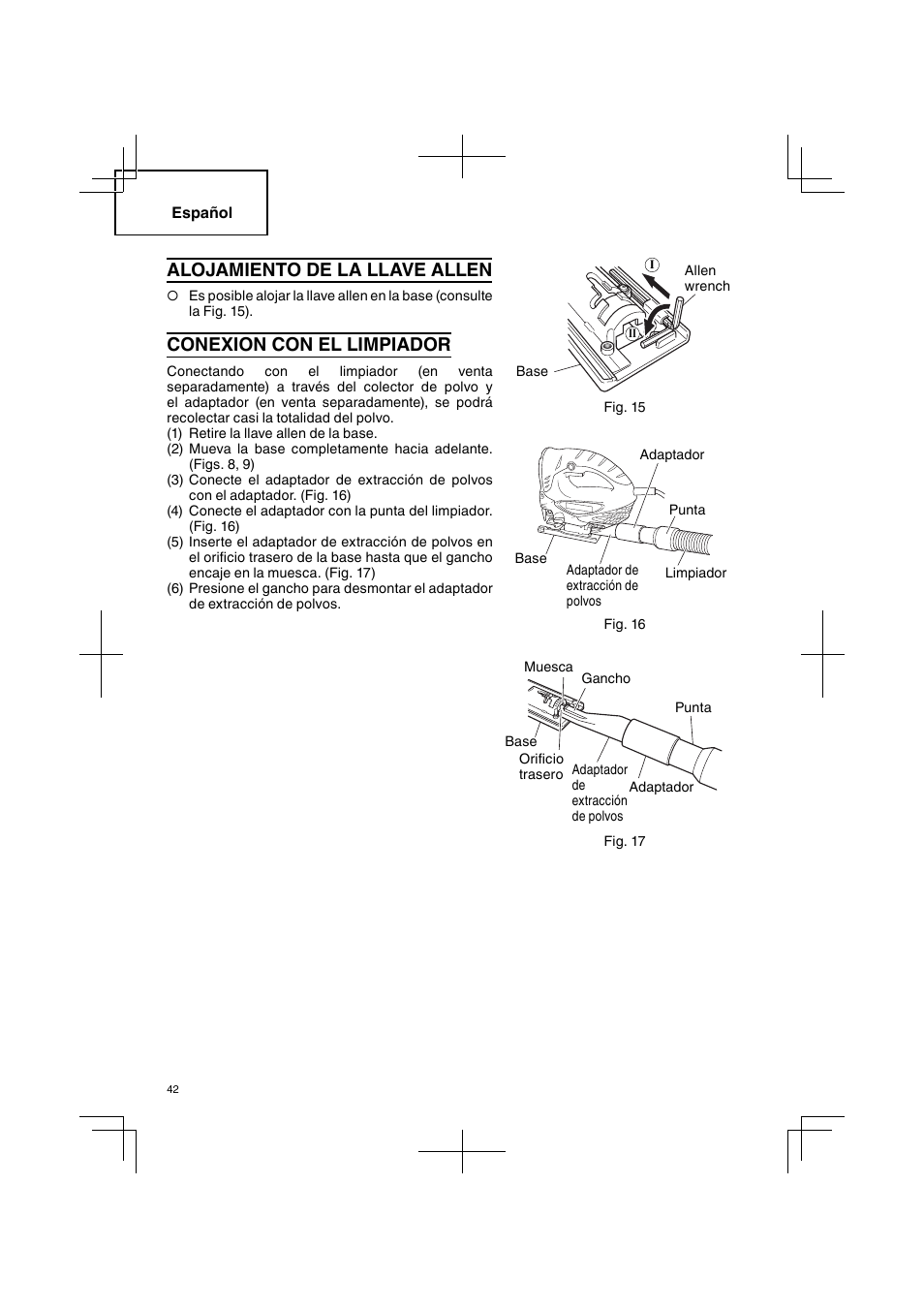 Alojamiento de la llave allen, Conexion con el limpiador | Hitachi CJ 90VST User Manual | Page 42 / 48