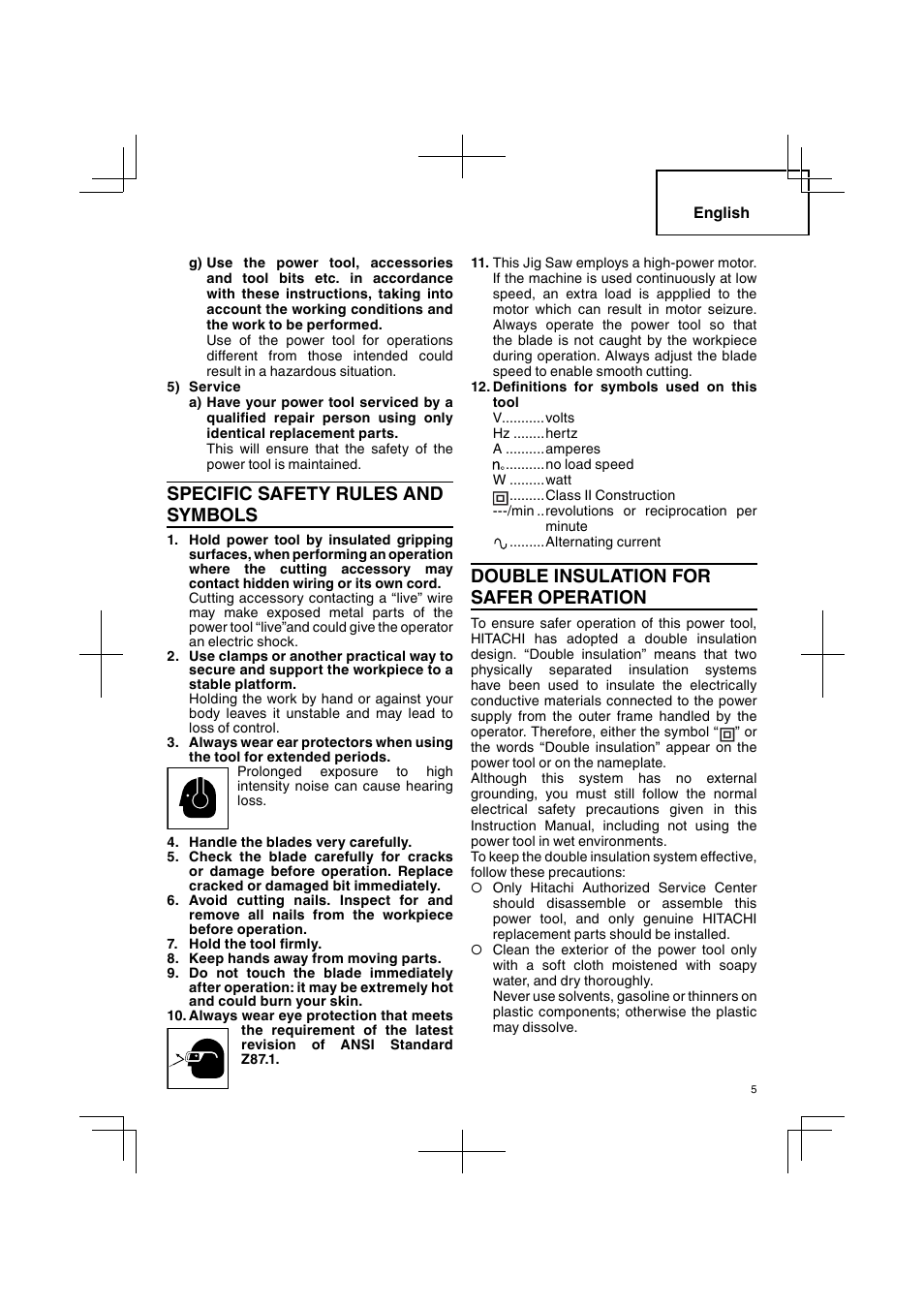 Specific safety rules and symbols, Double insulation for safer operation | Hitachi CJ 90VST User Manual | Page 5 / 48